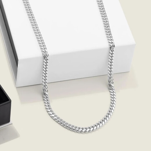 IDEAGEMER925 Silver Cuban Necklace Men's Trendy Fashion Personality Handsome and Versatile European and American Fine Style Boys Plain Chain Clavicle Chain Silver Cuban Chain 55CM