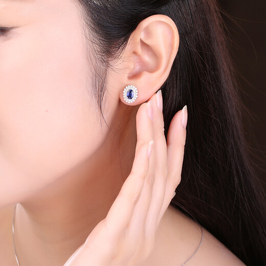 Tingliang Jewelry Princess Diana's luxury royal blue sapphire earrings 1.4 carat 18K gold set with 65 points diamond color treasure