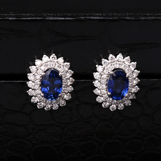 Tingliang Jewelry Princess Diana's luxury royal blue sapphire earrings 1.4 carat 18K gold set with 65 points diamond color treasure
