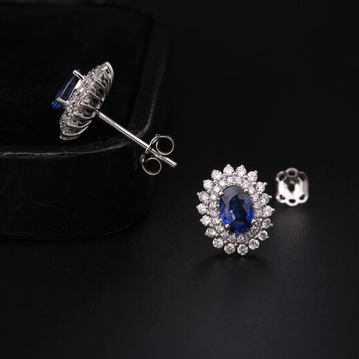 Tingliang Jewelry Princess Diana's luxury royal blue sapphire earrings 1.4 carat 18K gold set with 65 points diamond color treasure