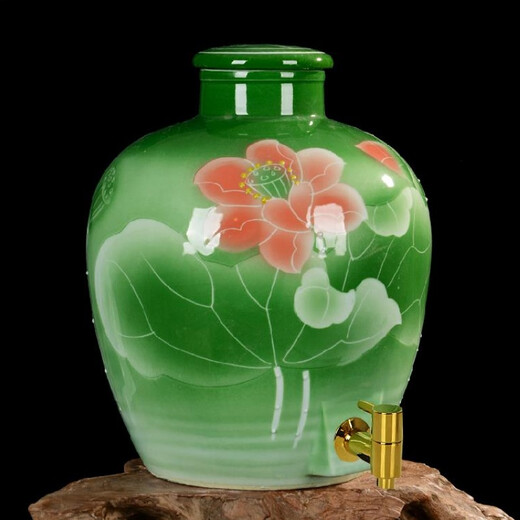 So red that it turns purple Jingdezhen wine jar ceramic wine jar soaked wine jar homemade wine jar hand-painted carved lotus stainless steel faucet 50Jin Jin equals 0.5 kg