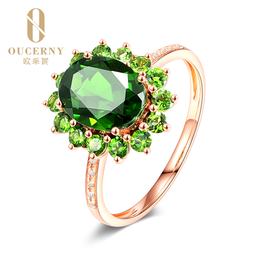 Ouzheni 18K gold inlaid diopside ring, colored gemstone-set women's ring, rose gold diopside ring for women, ready stock, need to be customized, 7-10 working days