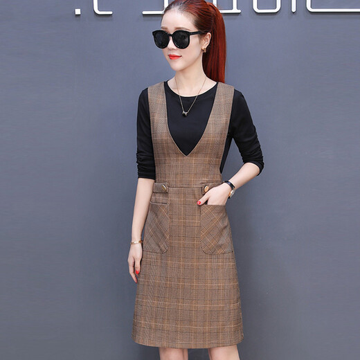 BANDALY 2018 new women's dress spring Korean style slim fashion vest woolen suspender skirt two-piece set HZ318-8630 Khaki plaid 2XL