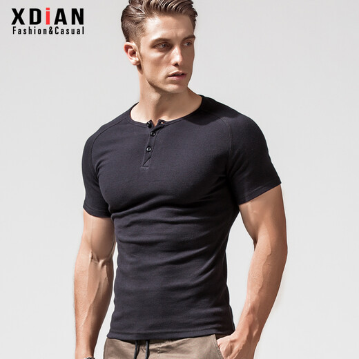 Continue short-sleeved t-shirt men's tight henley collar pure cotton open collar black t-shirt men's slim sports tops bottoming shirt black M