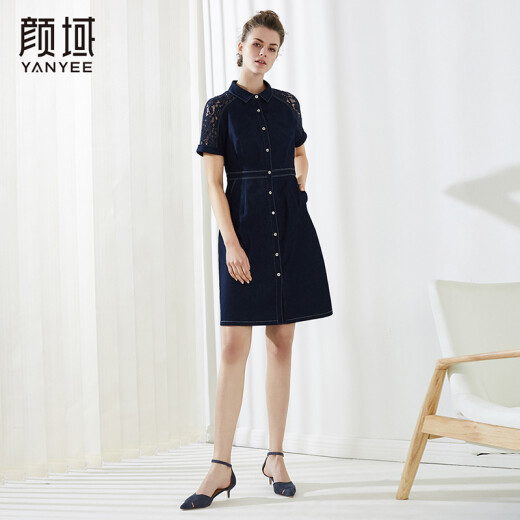 Yanyu brand women's spring and summer new style simple and fashionable waist slimming lapel denim loose dress 20S8214 dark blue XL/42