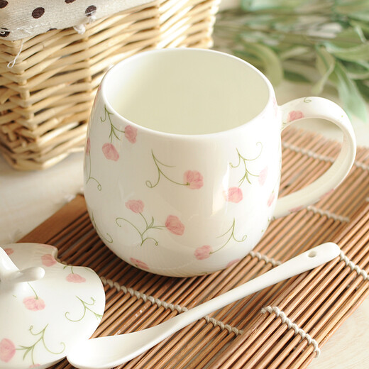 Houhai Cup Ceramic Cup Women's Mug with Lid and Spoon Household Drinking Cup Bone China Breakfast Cup Coffee Cup Girly Heart Fat Cup - Small Floral 400ML Microwaveable