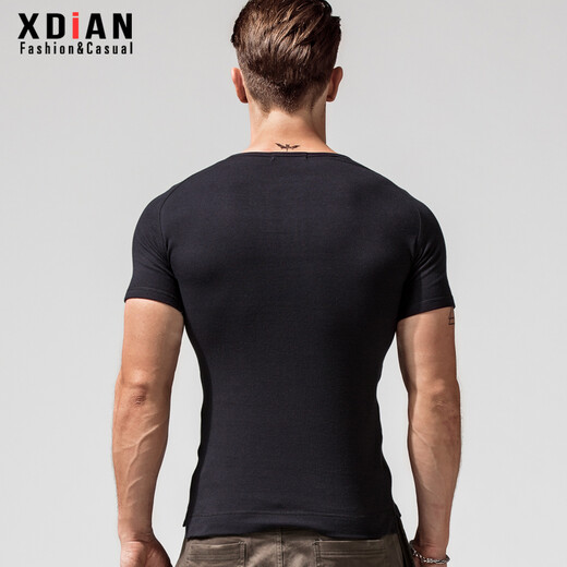 Continue short-sleeved t-shirt men's tight henley collar pure cotton open collar black t-shirt men's slim sports tops bottoming shirt black M