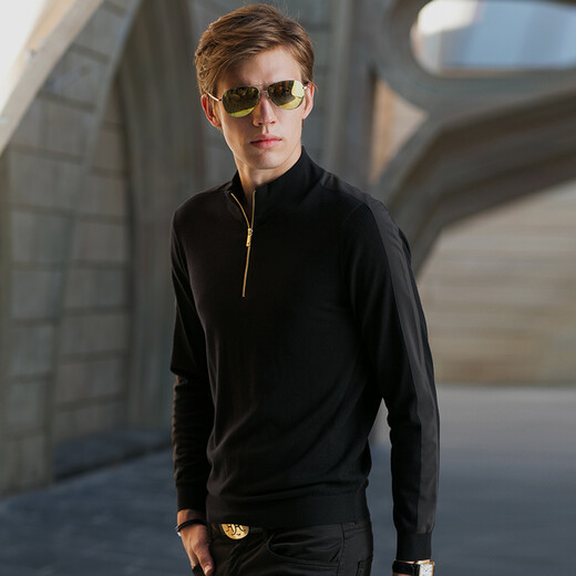 Mr. Bu sweater men's spring woolen sweater half turtleneck zipper fashion pure wool men's bottoming sweater spring BT338 black M (170)