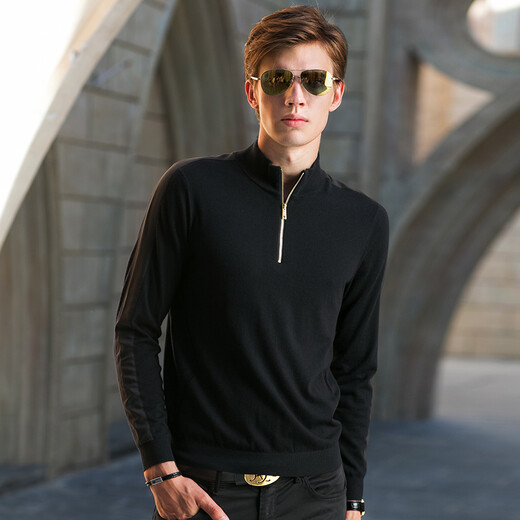 Mr. Bu sweater men's spring woolen sweater half turtleneck zipper fashion pure wool men's bottoming sweater spring BT338 black M (170)