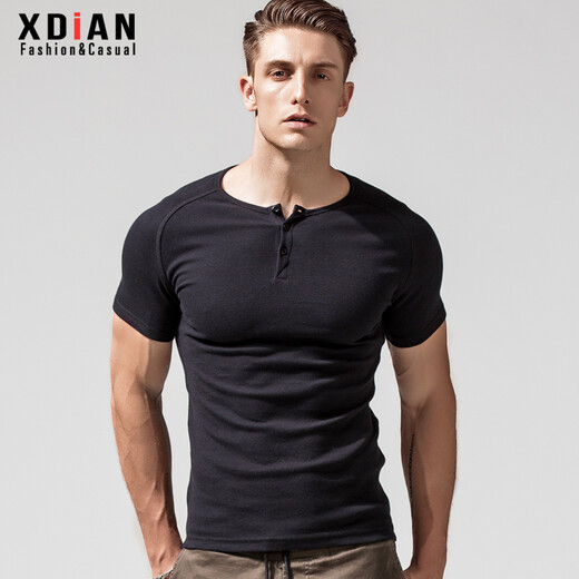 Continue short-sleeved t-shirt men's tight henley collar pure cotton open collar black t-shirt men's slim sports tops bottoming shirt black M