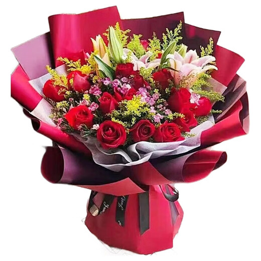 Romantic season flower express delivery in the same city. Red rose bouquet to express love to girlfriend, birthday gift, wedding anniversary, national flower shop. 19 red roses + 6 pink lilies. Delivery today - flower delivery time can be made by appointment.