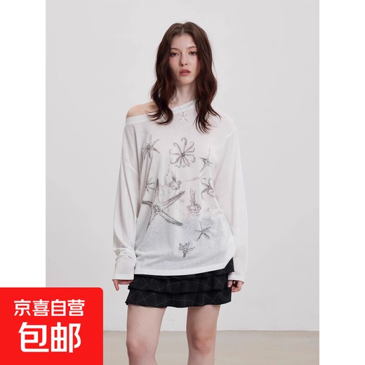 微透防晒罩衫长袖t恤女夏季薄款印花宽松显瘦上衣insGXXX96-60030 白色 L