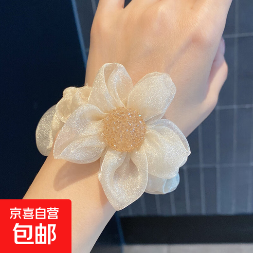 Sunflower large intestine hair band high elastic hair rope Internet celebrity 2024 meatball headdress Juansha rhinestone hair rope off-white 1 piece
