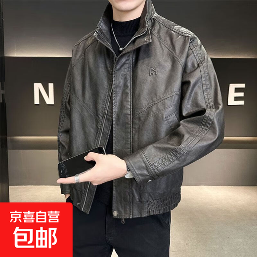 2025新款皮衣男士短款皮夹克潮牌帅气高端机车服立领宽松休闲外套 黑灰色 3XL 推荐体重145-160斤