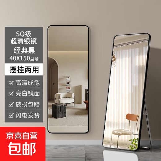 穿衣镜 全身落地镜试衣镜家用防爆壁挂衣帽间铝合金网红大镜子 经典黑150*40【壁挂+落地】