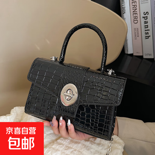 女百搭鳄鱼纹漆皮新款斜挎包2025锁扣时尚链条包包单肩手提小方包 黑色
