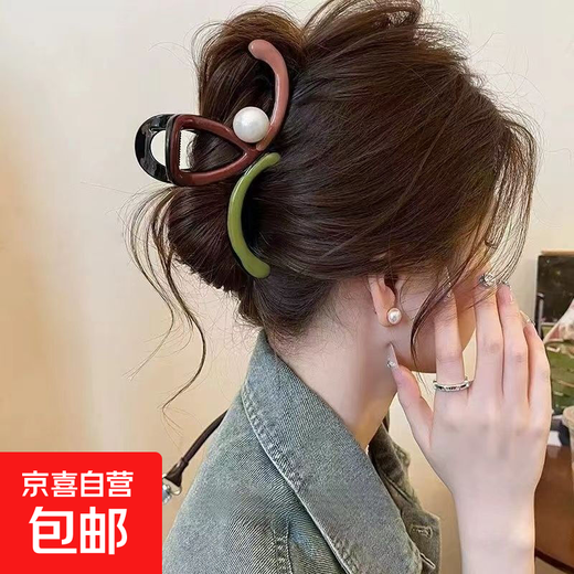 Niche Irregular Contrast Color Drop Glaze Pearl Clip Women's High-Level 2025 New Large Shark Clip Hair Clip Headwear Coffee Green Pearl Version
