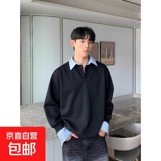 Fake two-piece shirt for men spring and autumn 2025 new layered long-sleeved lapel henley bottoming shirt shirt jacket black regular high quality 3XL recommended 160-180Jin Jin equals 0.5 kg