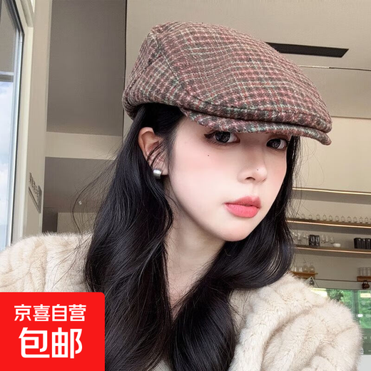 New retro plaid forward hat Japanese style spring and autumn all-match fashion big head painter British duck beret camouflage green woolen plaid forward hat