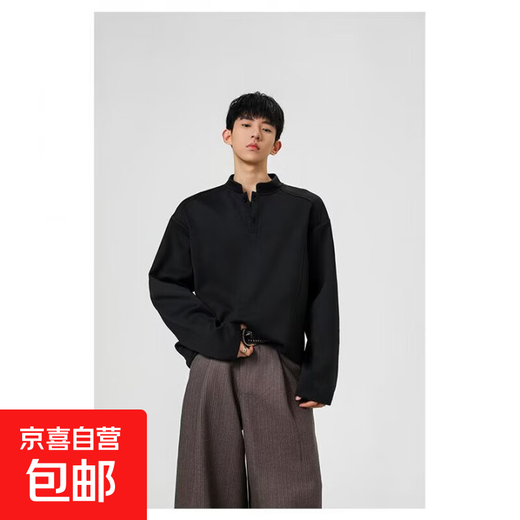 Chinese cotton splicing Hong Kong style color matching long-sleeved Polo shirt men's American retro loose sweatshirt high quality Henry collar black L