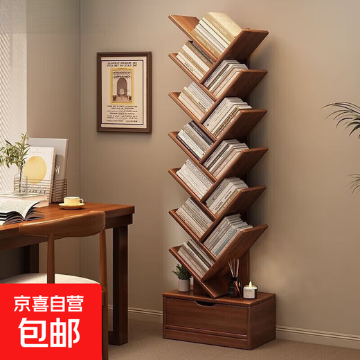 Solid wood bookshelf floor-standing wall storage shelf living room home simple creative tree-shaped student bedroom layered shelf main picture 8-layer pastoral oak color high 100cm
