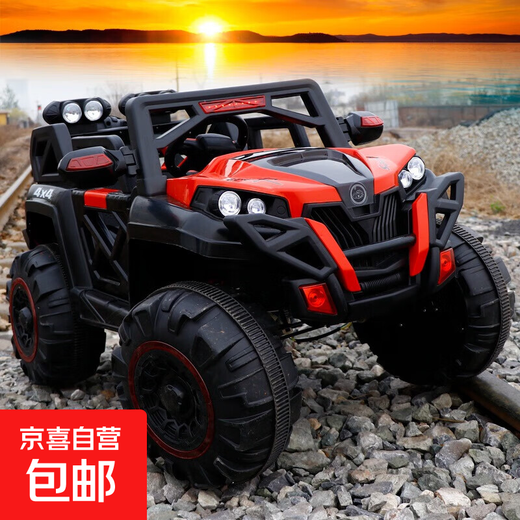 Stroller, children's electric car, four-wheel toy car, baby and child can sit on it, boy's car, remote control car can sit on, red 7A+ four-wheel drive + early education + swing + leather seat