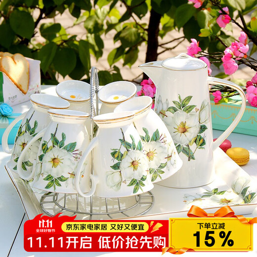 Household water cup set bone china cup set European emerald water set light luxury tea cup living room drinking cup camellia water set 8 pieces (6 cups 1 pot 1 shelf)