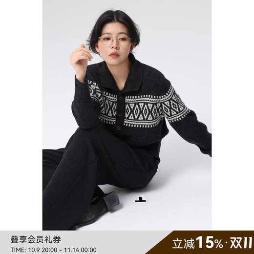 Xingshi WeTHEE 100 sheep wool medium thick Fair Isle cardigan sweater college style high collar multi-button women's sweater dark gray M