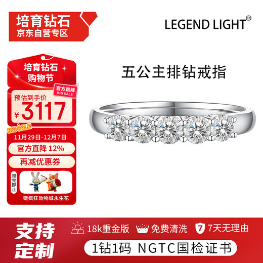 LEGEND LIGHT Five Princess Row Diamond 18k Gold Setting Cultured Diamond Ring No. 11 Free Zootopia Eternal Flowers