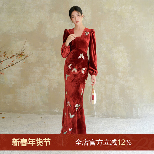 Chuchanyishi velvet dress for women 2025 autumn and winter new temperament slimming new Chinese style red engagement dress fishtail skirt purple yarn M ready in stock