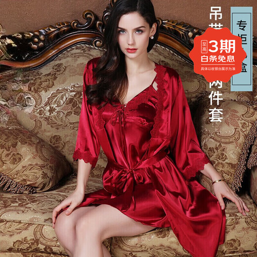 The Da Vinci Code Pajamas Women's Ice Silk Nightgown Wife's Birthday Dressing Dress Bridal Wedding Burgundy L (120 Jin Jin is equal to 0.5 kg or less)
