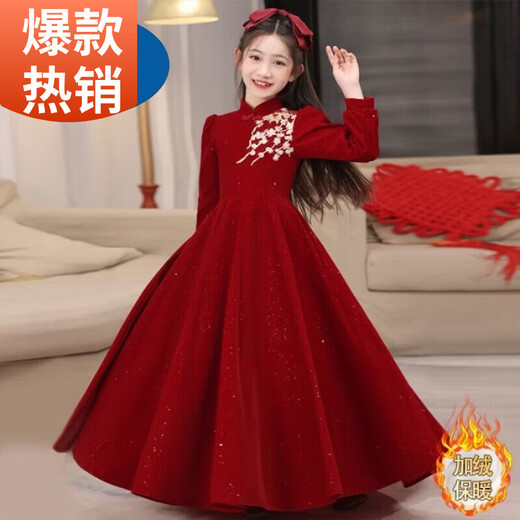 Disney Girls Dress Long Sleeve Dress 2025 Autumn and Winter New Medium and Large Children's Clothing Red New Year Style Embroidered Long Dress Red Velvet Style 150 (Upgraded Style)