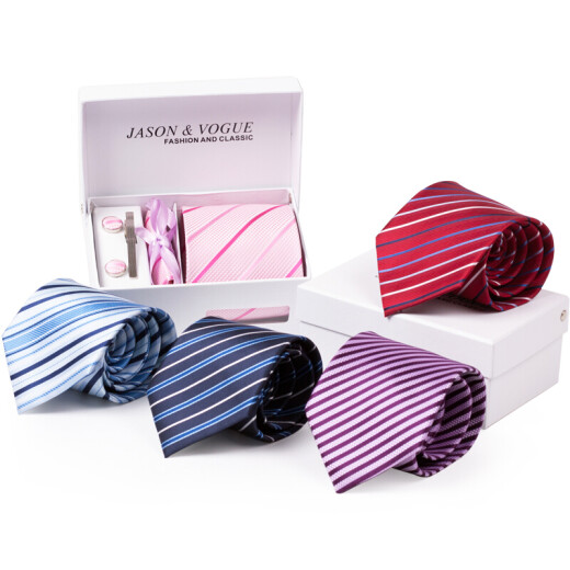 JASONVOGUE wide tie men's suit 9cm business formal tie clip cufflinks pocket square wedding boxed blue and white stripes A60