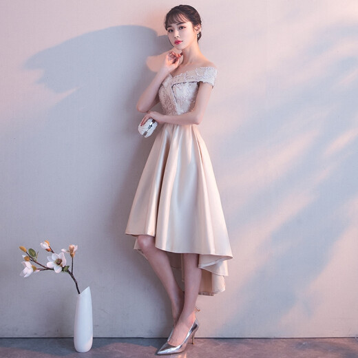 Seidler banquet evening dress 2023 new autumn Korean version dignified and elegant one-shoulder short front and long back bridesmaid dress for women khaki M