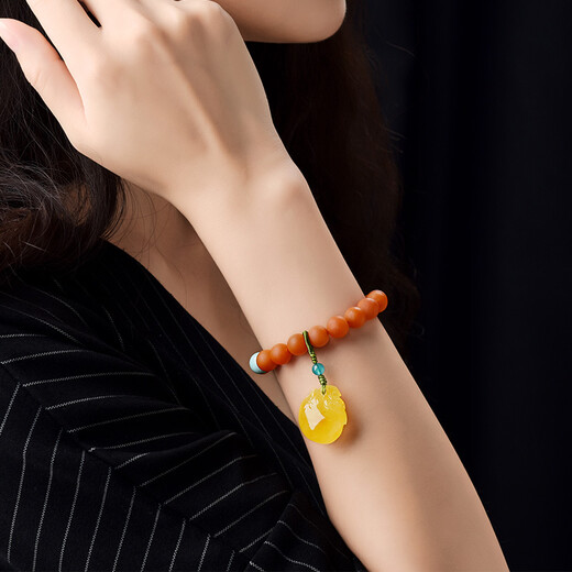 Ouchini Yunnan Natural Baoshan Nanhong Beeswax Bracelet Single Circle Amber Lucky Bag Pendant Bracelet Turquoise Women's Style
