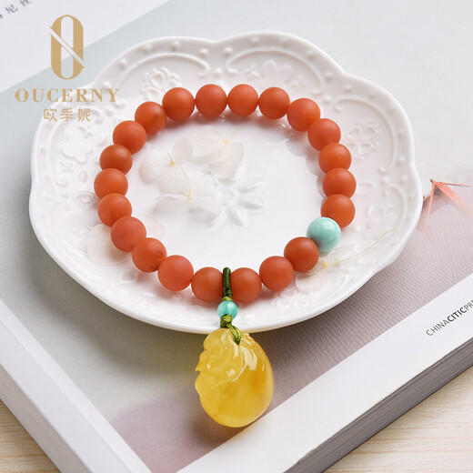 Ouchini Yunnan Natural Baoshan Nanhong Beeswax Bracelet Single Circle Amber Lucky Bag Pendant Bracelet Turquoise Women's Style
