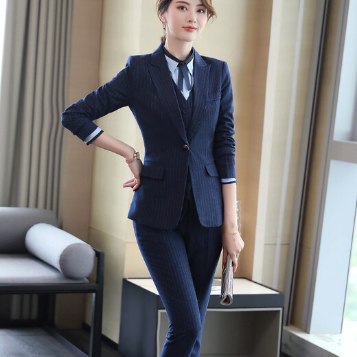 Zi Mei Qiao Business Suit Women's Striped Small Suit Jacket Hotel Real Estate 4S Store Sales Formal Suit Group Work Wear Blue Stripe (Single Suit) XL (Recommended 110-120 Jin Jin equals 0.5 kg)