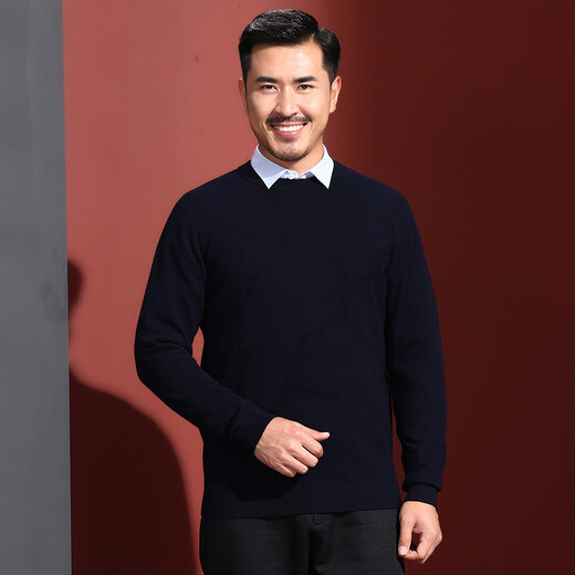 红都男装春秋新款纯色羊毛衫圆领簿款商务休闲套头羊毛针织衫 上青MM6210-2 XL 180/96A