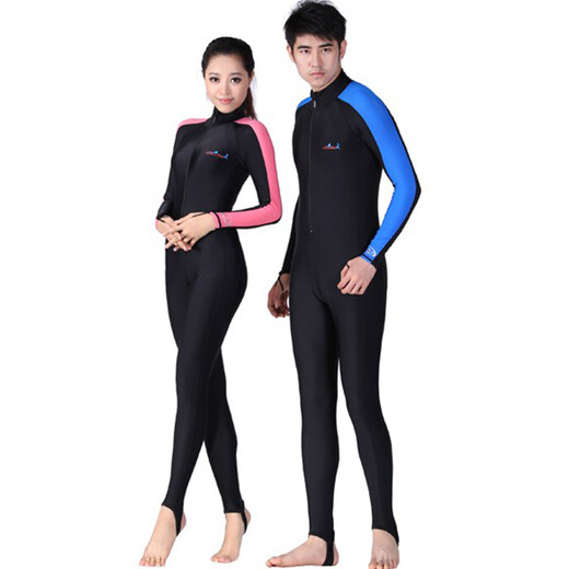 DIVE&SAIL Sun Protection Wetsuit Women's Long Sleeve One-piece Swimsuit Couple Wetsuit Adult Hooded Jellyfish Suit Men's Warm Swimsuit 704 Side Strips Blue No Pad XXL