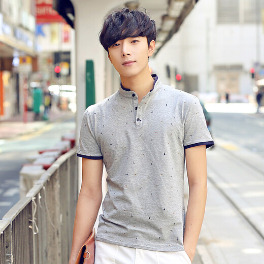 Handaiwei POLO shirt men's Korean printed T-shirt Paul shirt casual stand collar POLO shirt 4396 Gray XL