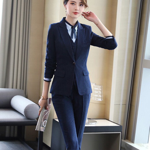 Zi Mei Qiao Business Suit Women's Striped Small Suit Jacket Hotel Real Estate 4S Store Sales Formal Suit Group Work Wear Blue Stripe (Single Suit) XL (Recommended 110-120 Jin Jin equals 0.5 kg)