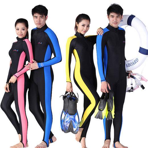 DIVE&SAIL Sun Protection Wetsuit Women's Long Sleeve One-piece Swimsuit Couple Wetsuit Adult Hooded Jellyfish Suit Men's Warm Swimsuit 704 Side Strips Blue No Pad XXL