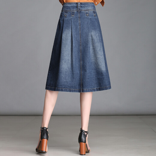 Oasi Mai Denim Skirt Women's Summer A-Line Skirt Pleated Skirt Spring Mid-Length One-step High Waist Single Breasted High Waist Cover Hip BMH-10250 Denim Blue 13 Size-2 Feet 2