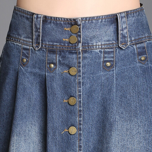 Oasi Mai Denim Skirt Women's Summer A-Line Skirt Pleated Skirt Spring Mid-Length One-step High Waist Single Breasted High Waist Cover Hip BMH-10250 Denim Blue 13 Size-2 Feet 2