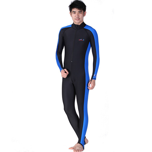 DIVE&SAIL Sun Protection Wetsuit Women's Long Sleeve One-piece Swimsuit Couple Wetsuit Adult Hooded Jellyfish Suit Men's Warm Swimsuit 704 Side Strips Blue No Pad XXL