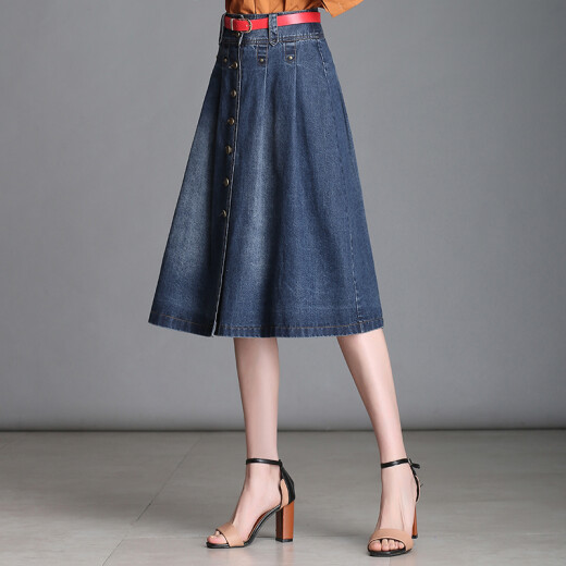 Oasi Mai Denim Skirt Women's Summer A-Line Skirt Pleated Skirt Spring Mid-Length One-step High Waist Single Breasted High Waist Cover Hip BMH-10250 Denim Blue 13 Size-2 Feet 2