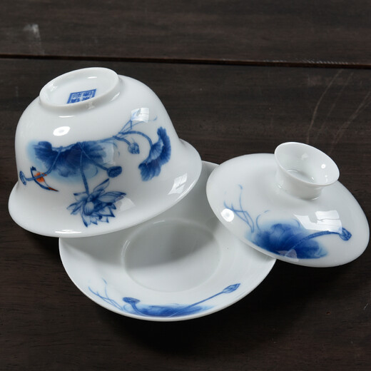 Porcelain brand tea set, large tureen, blue and white ceramic tureen, flower tea cup, white porcelain Sancai bowl, toast tea bowl, Kungfu tea set, ink distant mountains, tureen