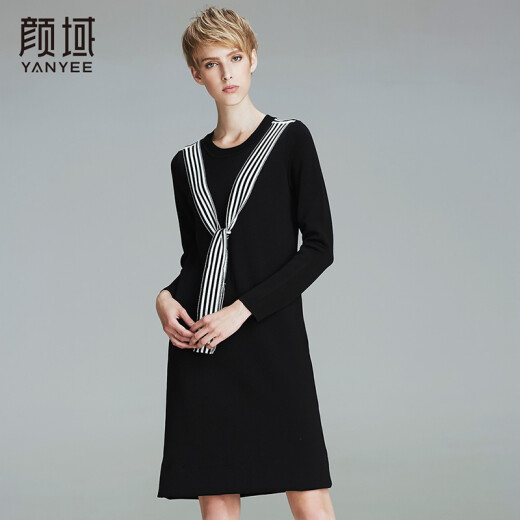 Yanyu brand women's new European and American fashion ribbon age-reducing knitted round neck long-sleeved dress 60W7926 light blue L/40