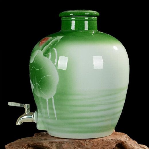 So red that it turns purple Jingdezhen wine jar ceramic wine jar soaked wine jar homemade wine jar hand-painted carved lotus stainless steel faucet 50Jin Jin equals 0.5 kg