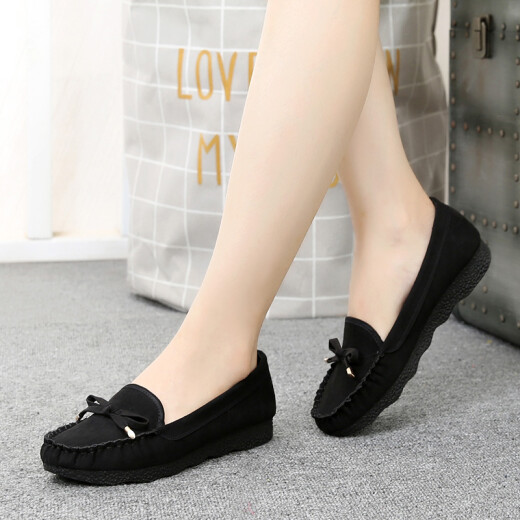 Fulaihong old Beijing cloth shoes women's beanie shoes flat bow single shoes versatile and comfortable work shoes women's casual shoes mother's shoes black 37